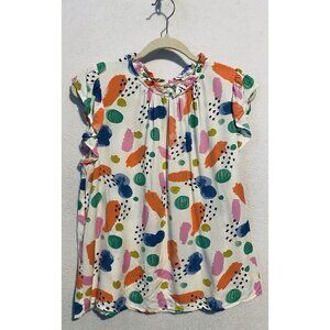 THML Anthropologie Womens Medium Abstract Artsy Flutter Sleeve Ruffle Neck